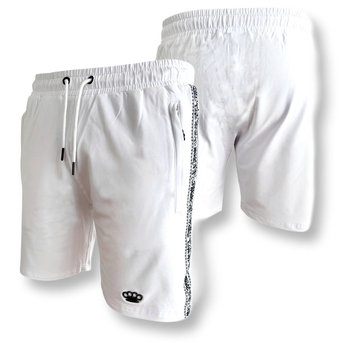 Mi Vida Loca Meander jogger shorts i hvid med sort Meander bånd, forside og bagside