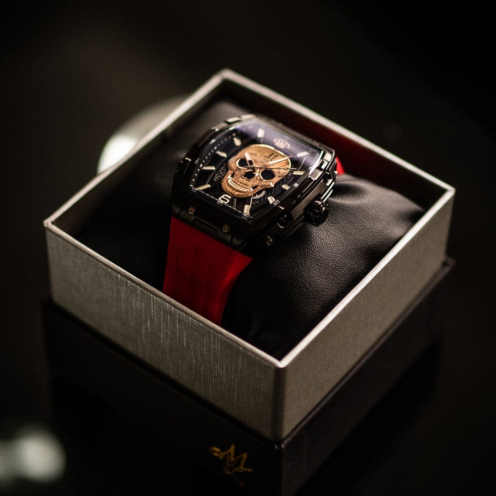 Mi Vida Loca Automatic skull watch, juodas/raudonas, su raudonu silikoniniu dirželiu ir kaukolės ciferblatu dėžutėje