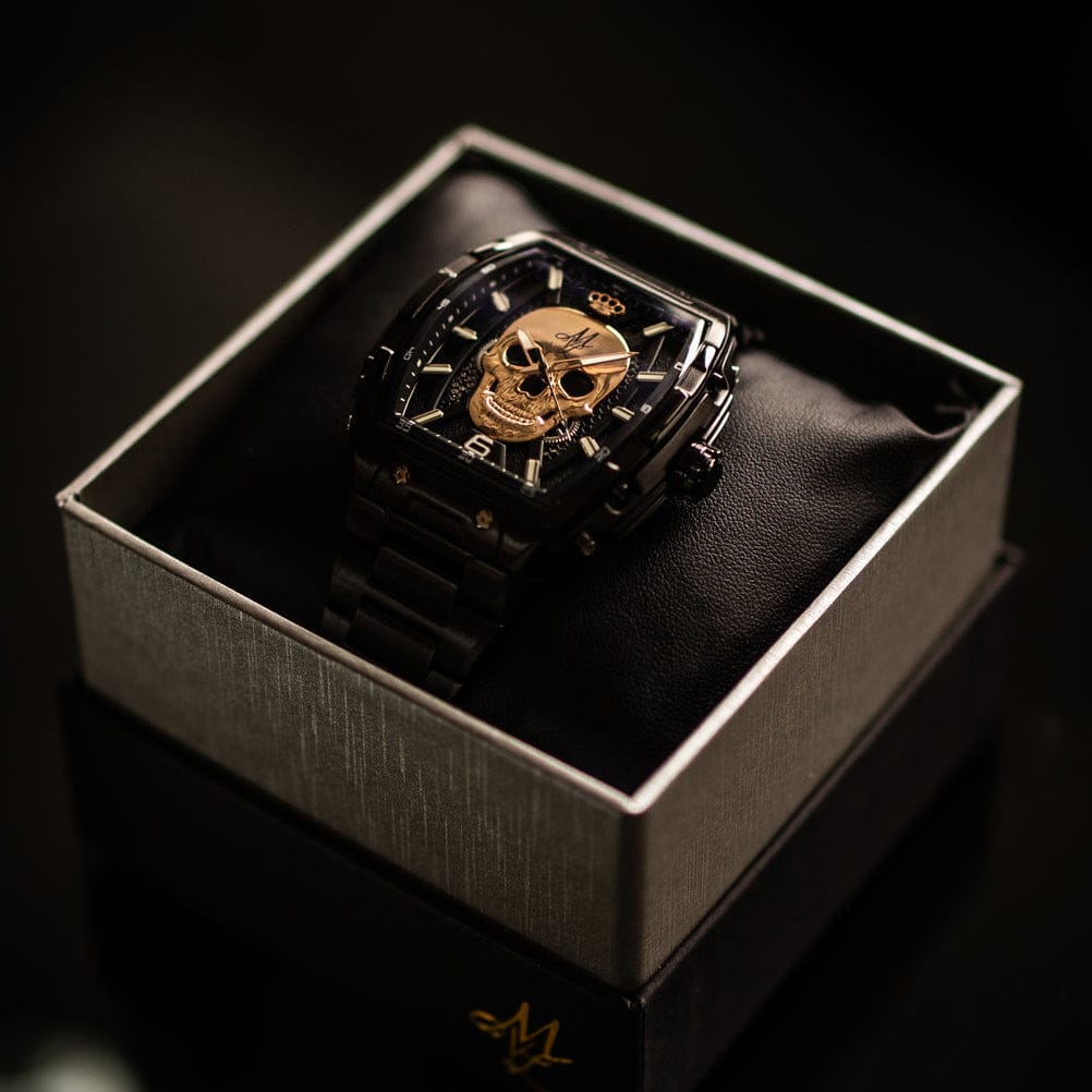 Mi Vida Loca Automatic skull watch crno/crni s čeličnom narukvicom u poklon kutiji, lubanja na brojčaniku
