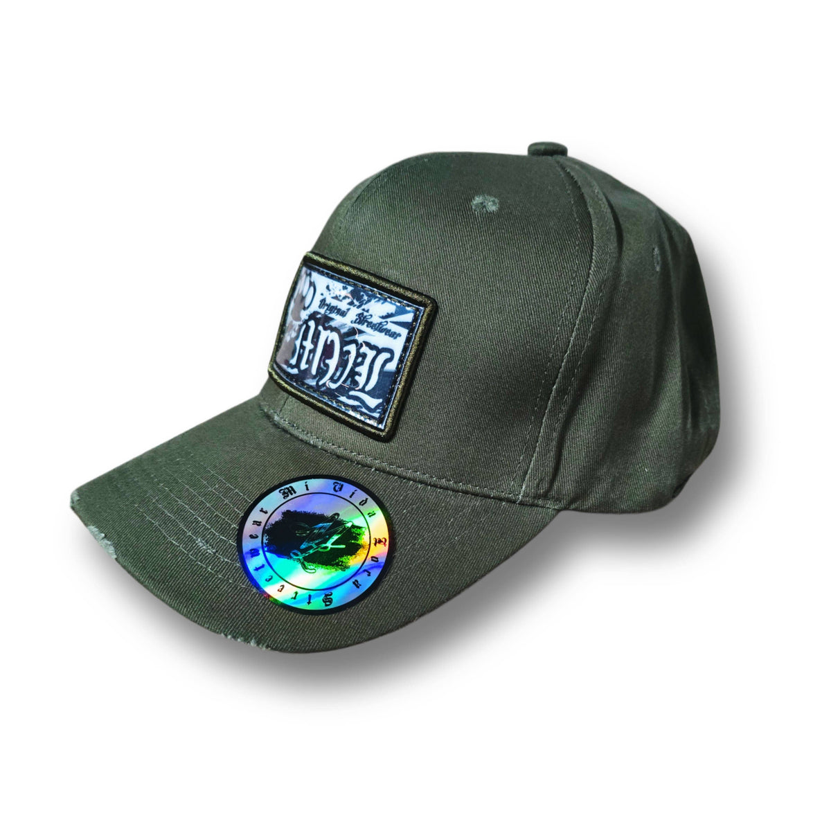 MVL Original streetwear curved caps armygrønn fra siden med firkantet logomerke foran