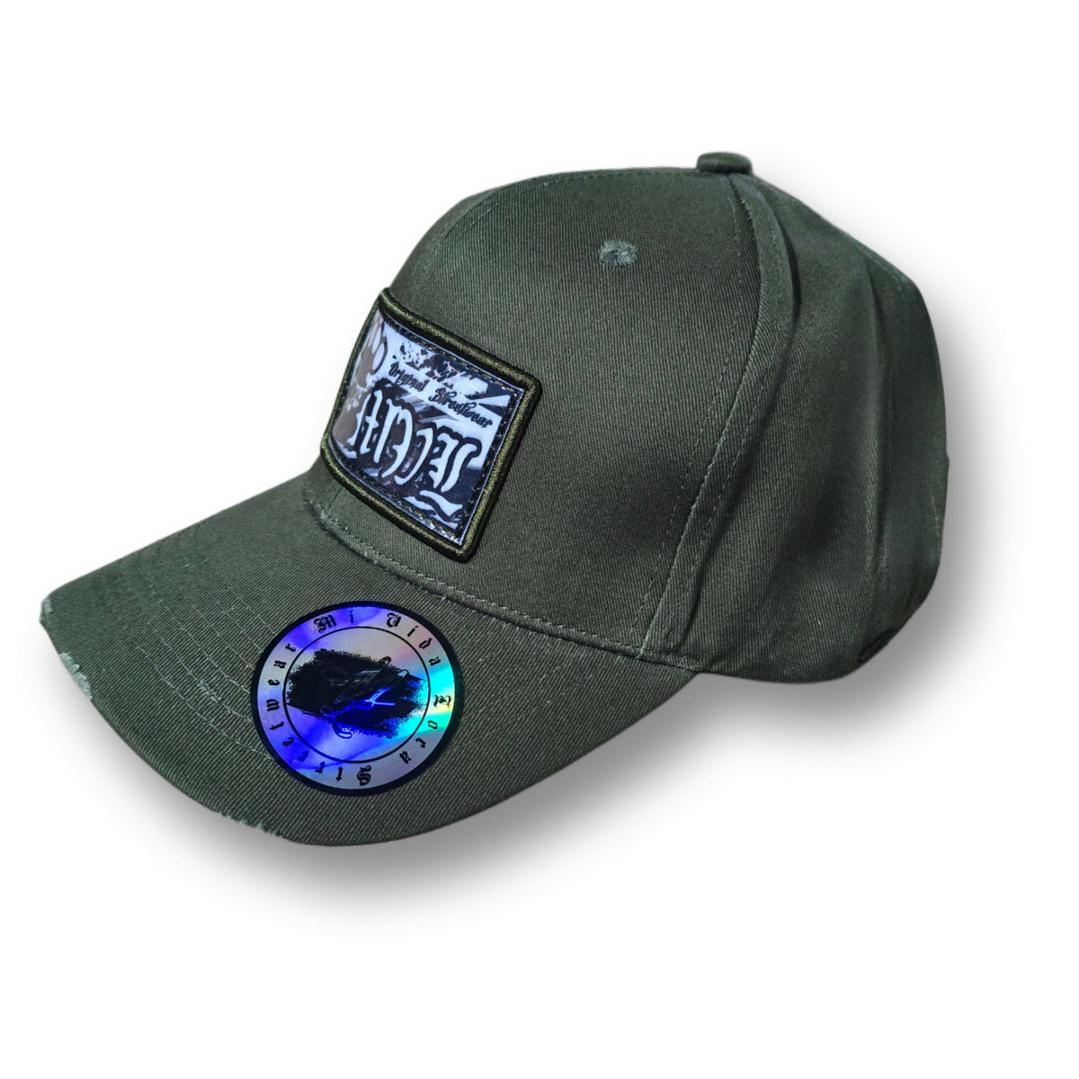 Mi Vida Loca Original streetwear curved caps armygrønn med logomerke og holografisk klistremerke på skjermen