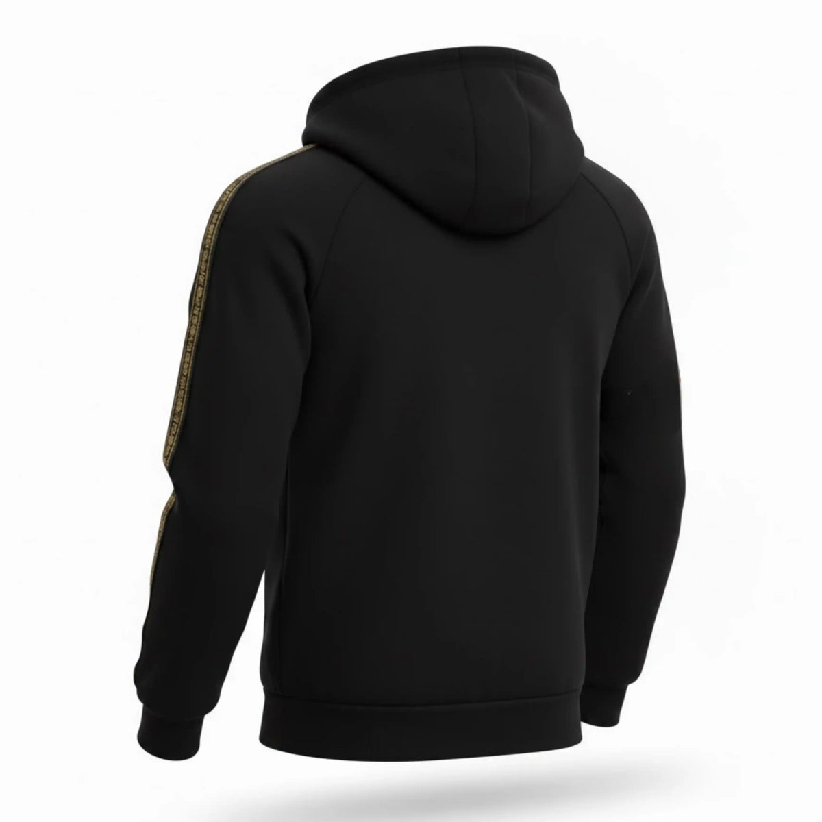 Back of the black MVL Meander hoodie with hood and gold piping on the sleeve