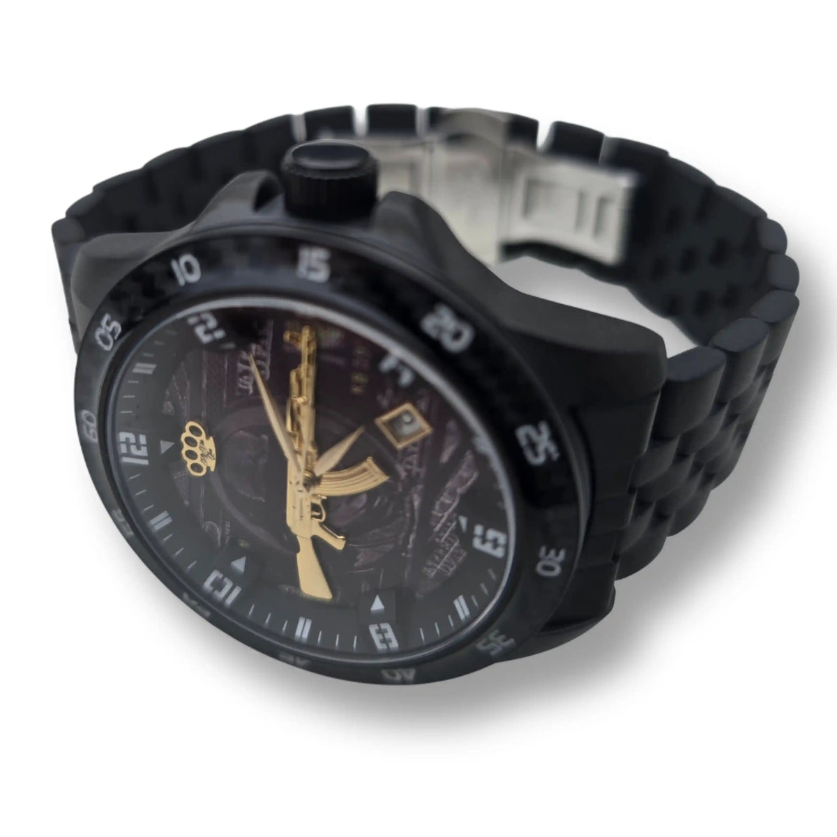 MVL AK47 Automatikuhr Carbon schwarz, Seitenansicht mit Gliederarmband und goldenem MVL-Logo