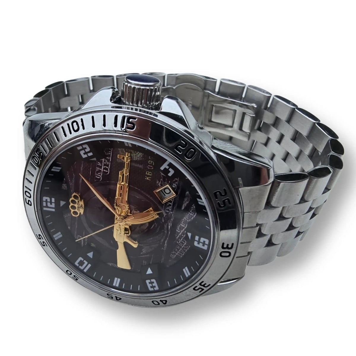 MVL AK47 automatic watch in silver, side view with steel link bracelet and MVL logo on the dial
