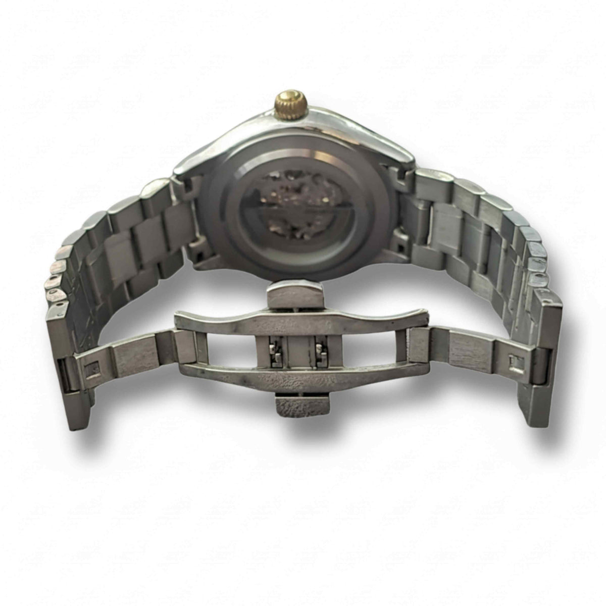 Back of the MVL Double skull watch with transparent case and folding clasp