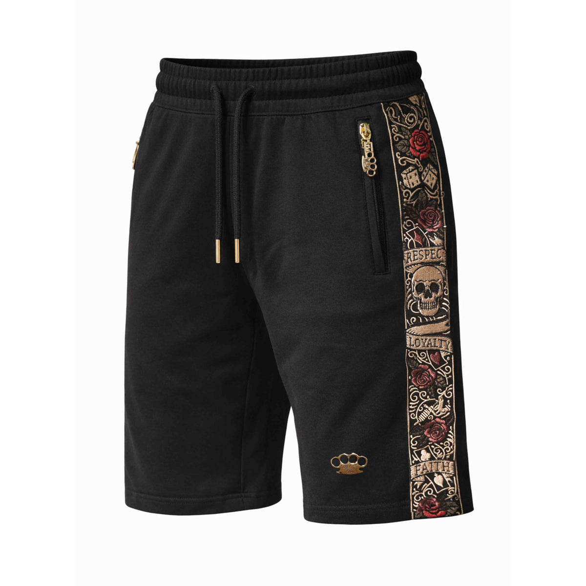 Mi Vida Loca LFR jogger shorts in black, front with colourful LFR embroidered band and gold MVL logo