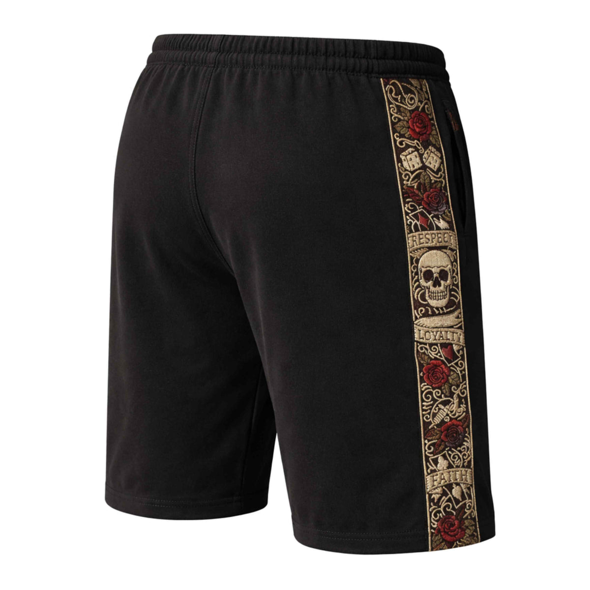 LFR jogger shorts in black, back with the colourful embroidered band along the side