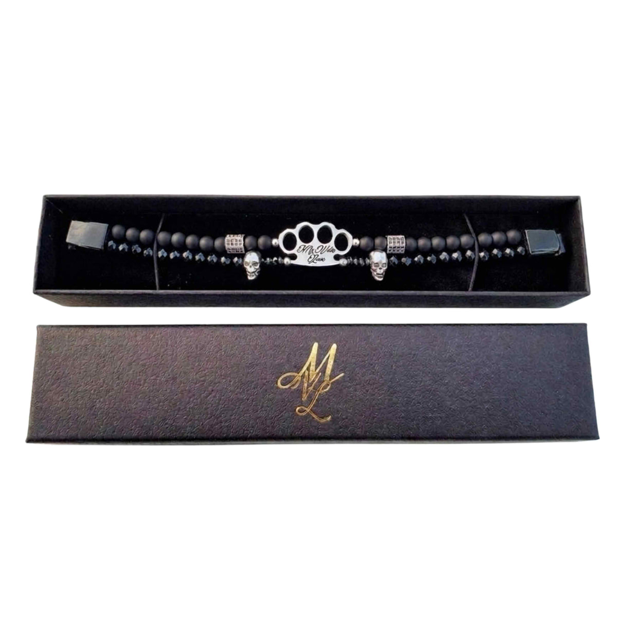 MVL Polygonal skulls Armband in offener Geschenkbox neben Deckel mit goldenem ML-Monogramm