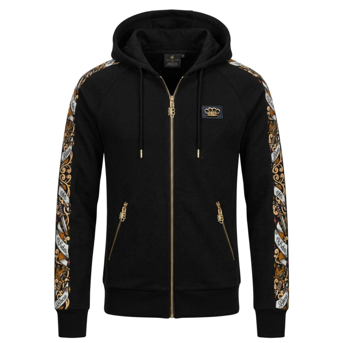 Hoodie de survêtement MVL Savage ornate noir avec fermeture éclair dorée et logo MVL, vue de face droite