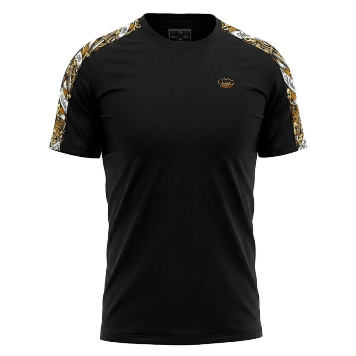 Mi Vida Loca Savage ornate T-shirt zwart met sierlijke schouderbanden en gouden MVL logo, voorkant