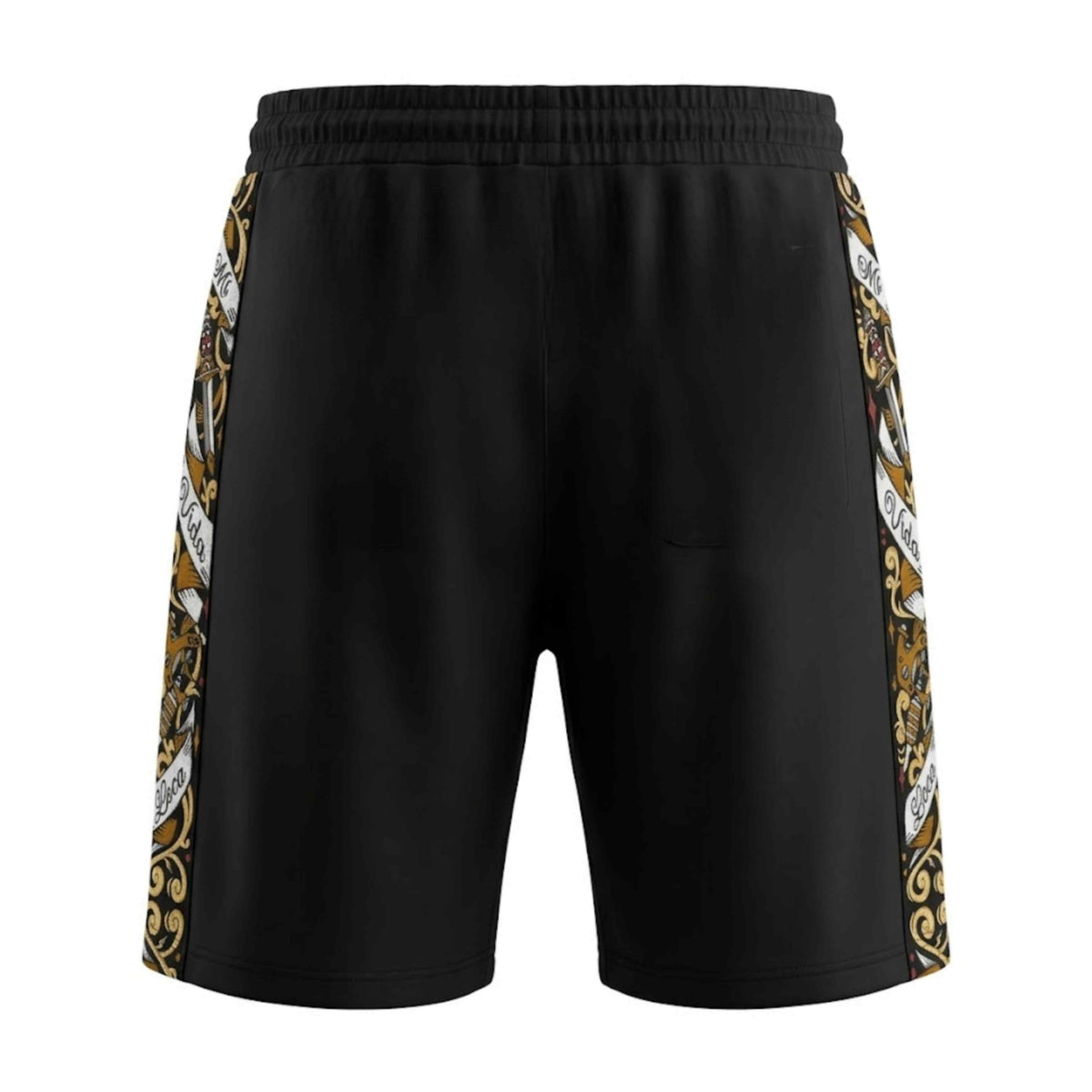 Rückseite der schwarzen Savage ornate Shorts mit verzierten Seitenbändern auf weißem Hintergrund