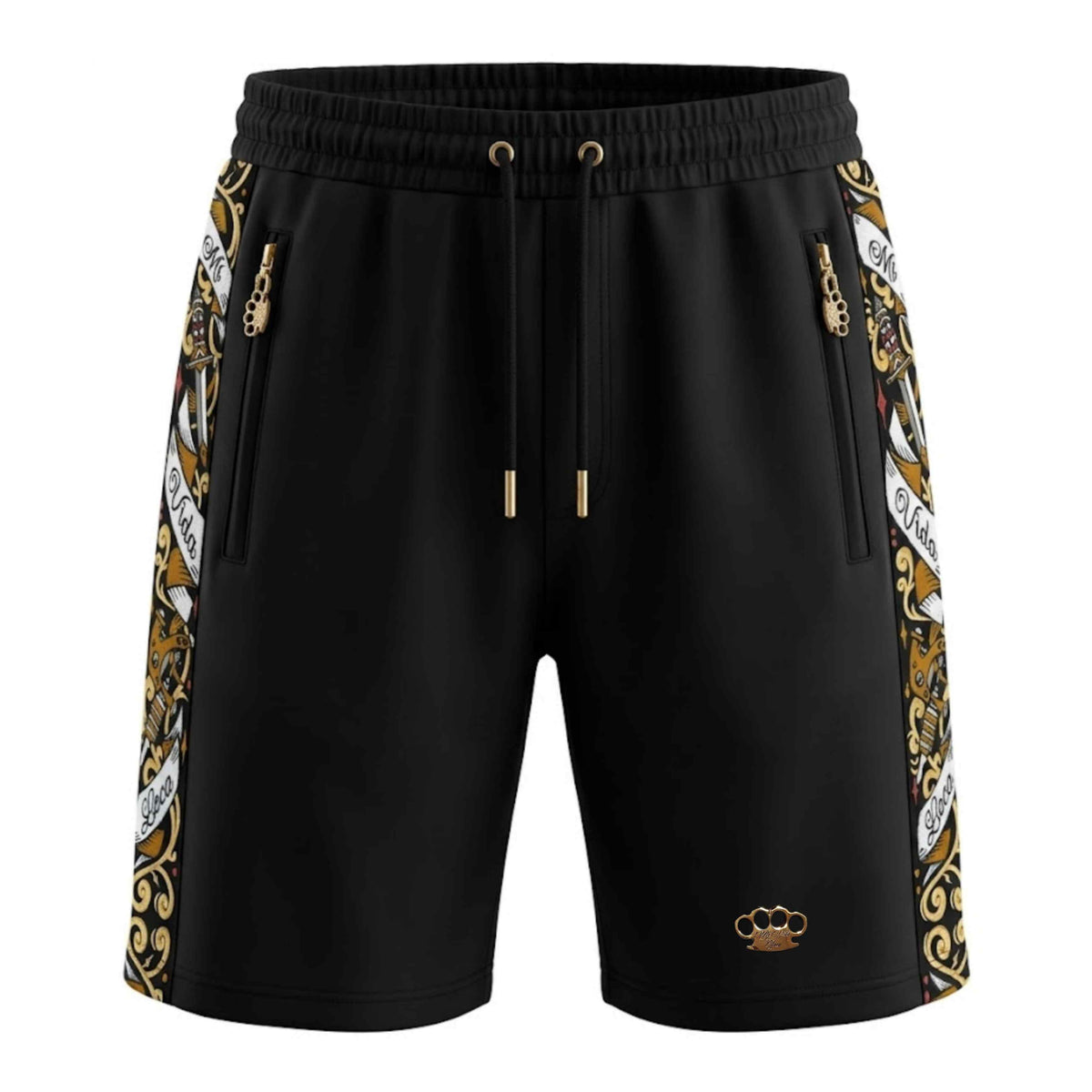 Mi Vida Loca Savage ornate korte broek in zwart met sierlijke zijbanden en gouden MVL logo, voorkant