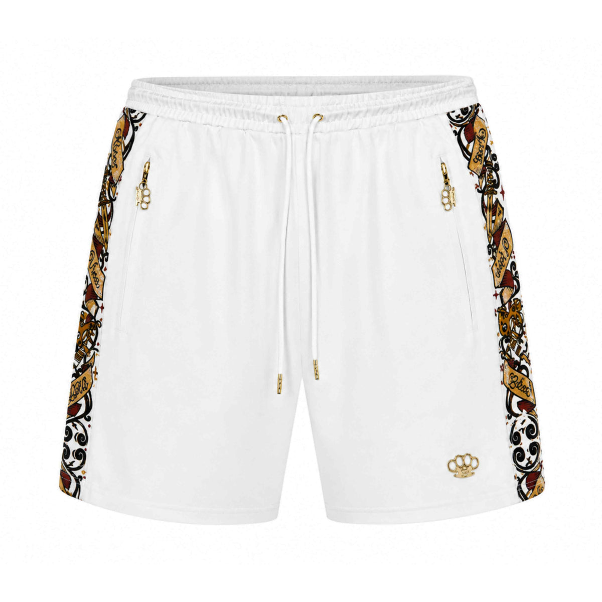 Mi Vida Loca Savage ornate jogger shorts wit, voorkant met sierlijke band en gouden MVL logo