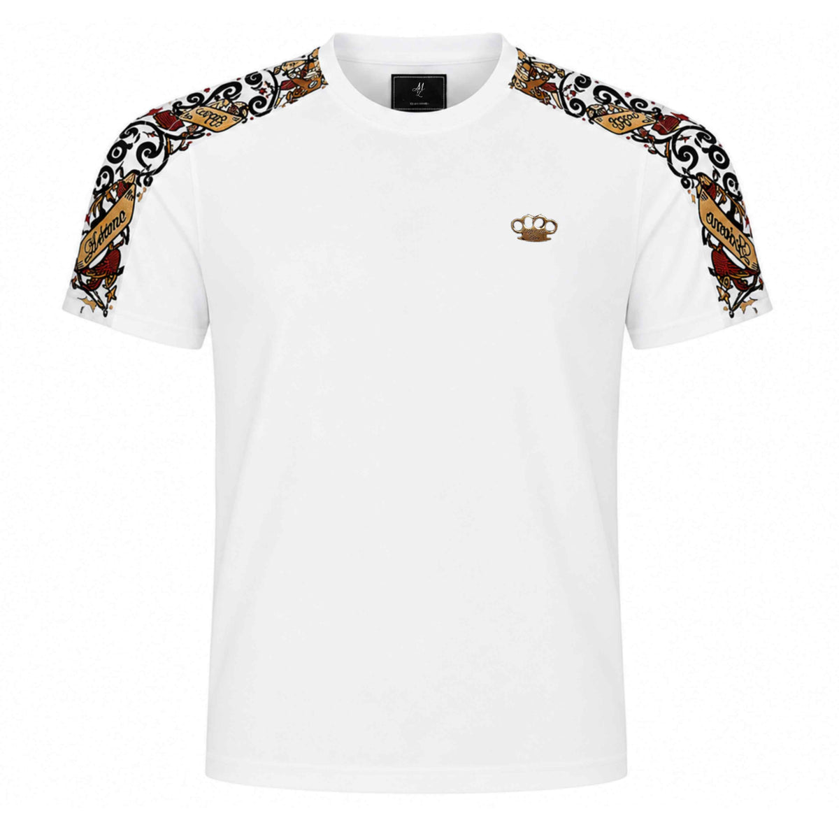 Mi Vida Loca Savage ornate T-shirt wit met ornate print op de schouders en MVL logo, voorkant