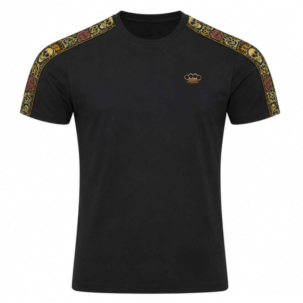 Mi Vida Loca Calavera T-shirt zwart, voorkant met geborduurde band met schedels en rozen over de schouders
