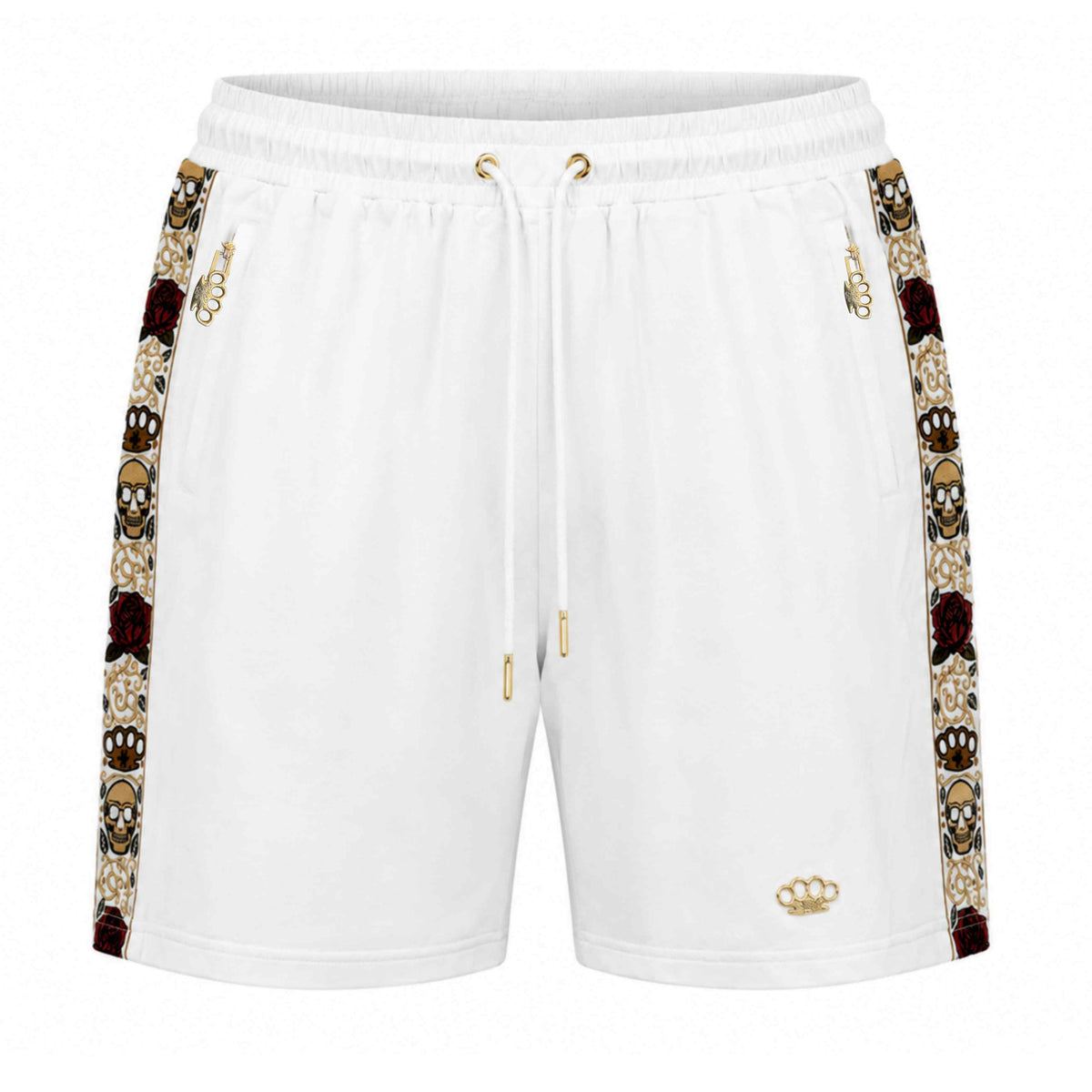 Mi Vida Loca Calavera korte broek in wit met skull en rozen zijbanden en gouden MVL logo, voorkant