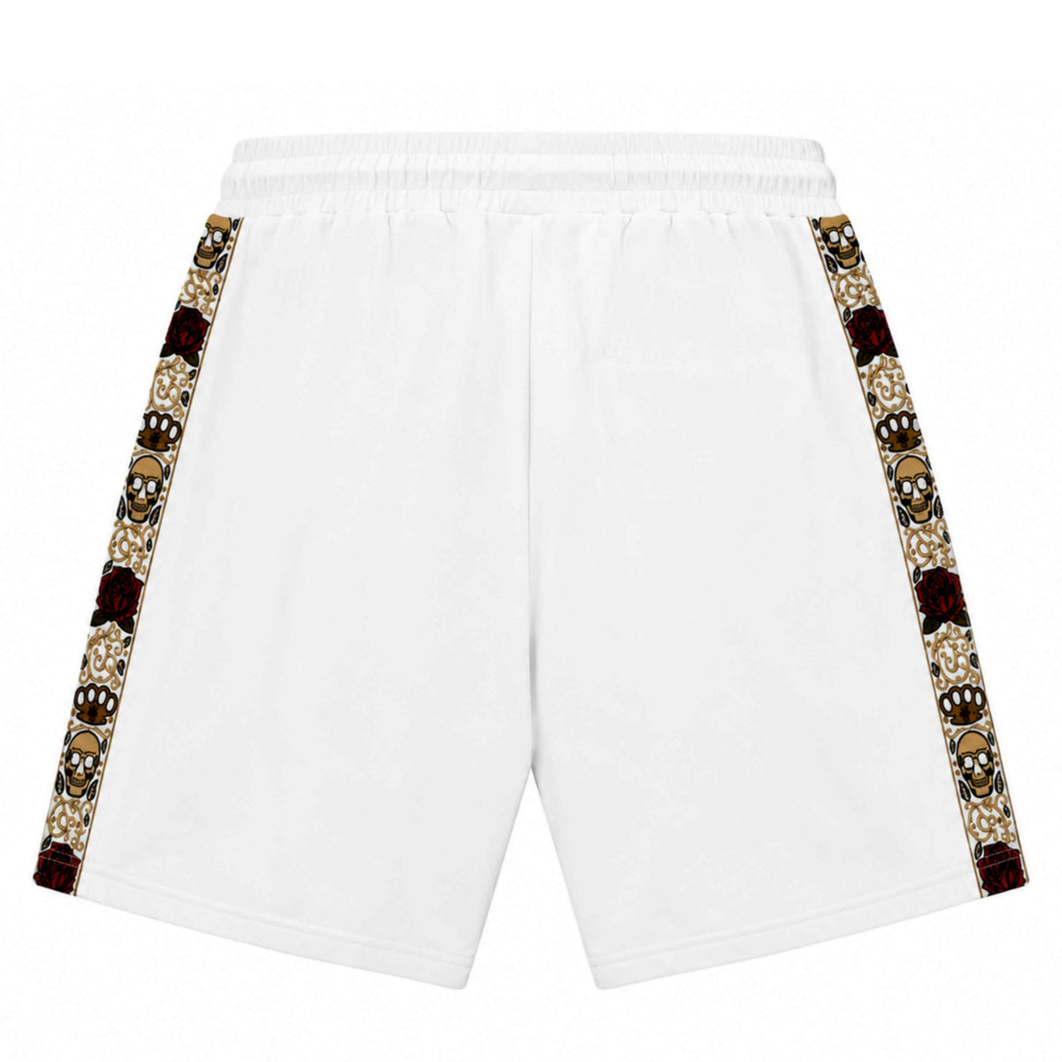 Bagsiden af de hvide Calavera shorts med sidebånd med kranie og roser på hvid baggrund