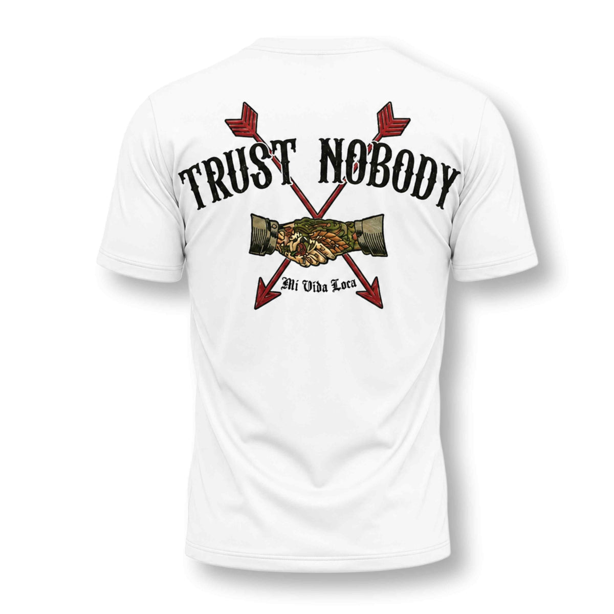 Mi Vida Loca Trust nobody embroidery T-shirt wit, achterkant met geborduurde handdruk, gekruiste pijlen en Trust nobody tekst