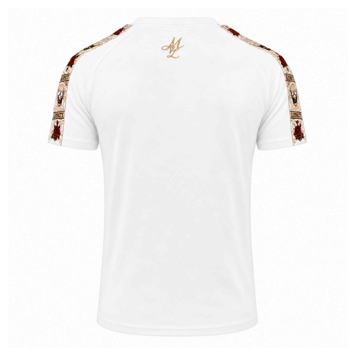 LFR T-Shirt weiß mit goldenem MVL-Logo im Nacken und farbigen Ärmelbändern, Rückseite