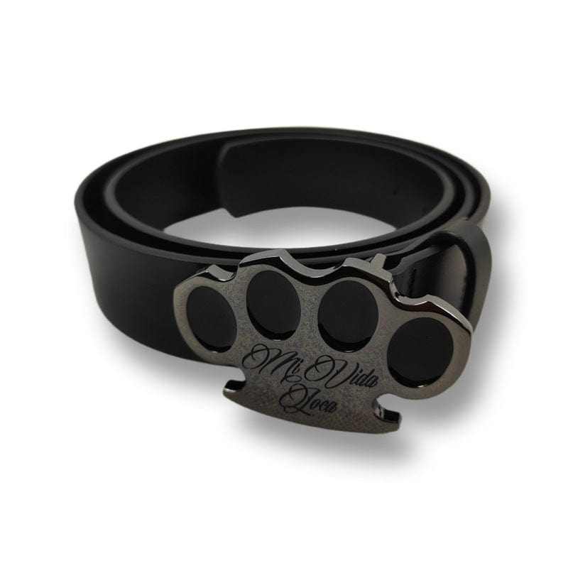 Mi Vida Loca MVL leather belt Black line in black with gunmetal MVL logo buckle and engraving, rolled up