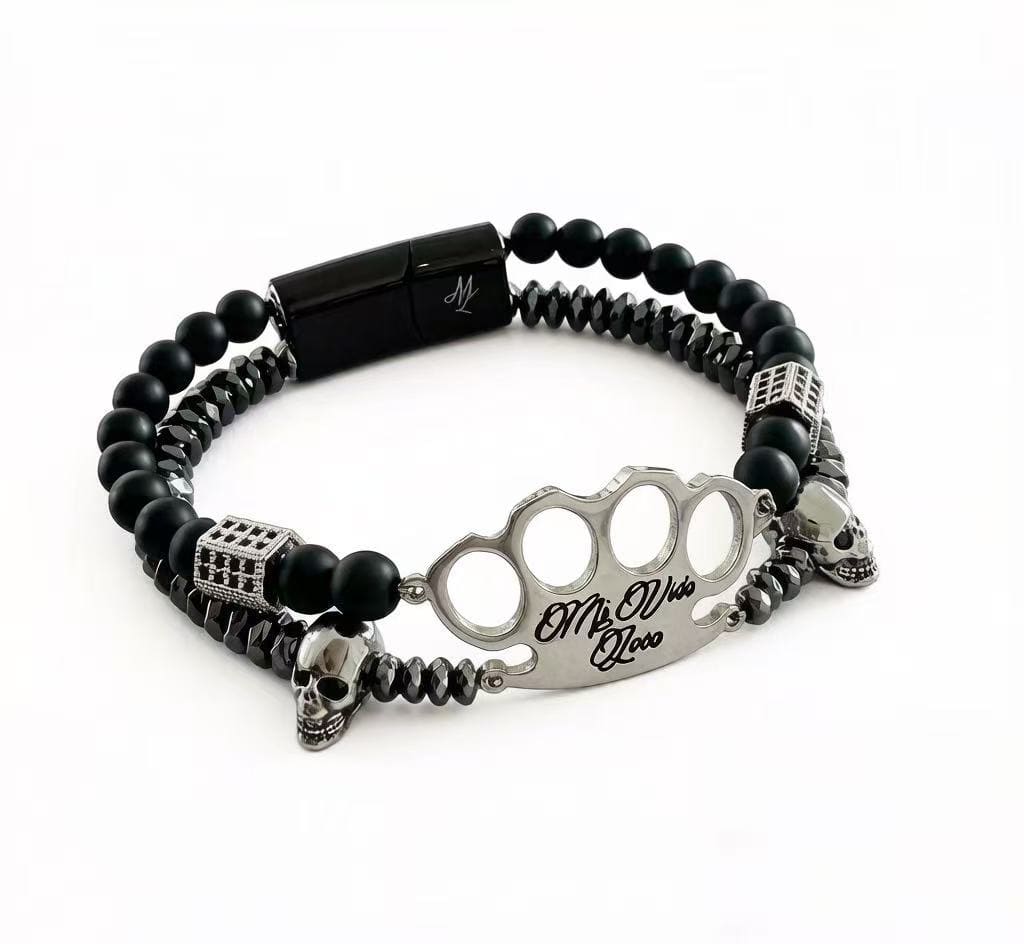 Mi Vida Loca MVL Polygonal skulls Armband schwarz/silber mit Perlen, Totenköpfen und silbernem MVL-Logo
