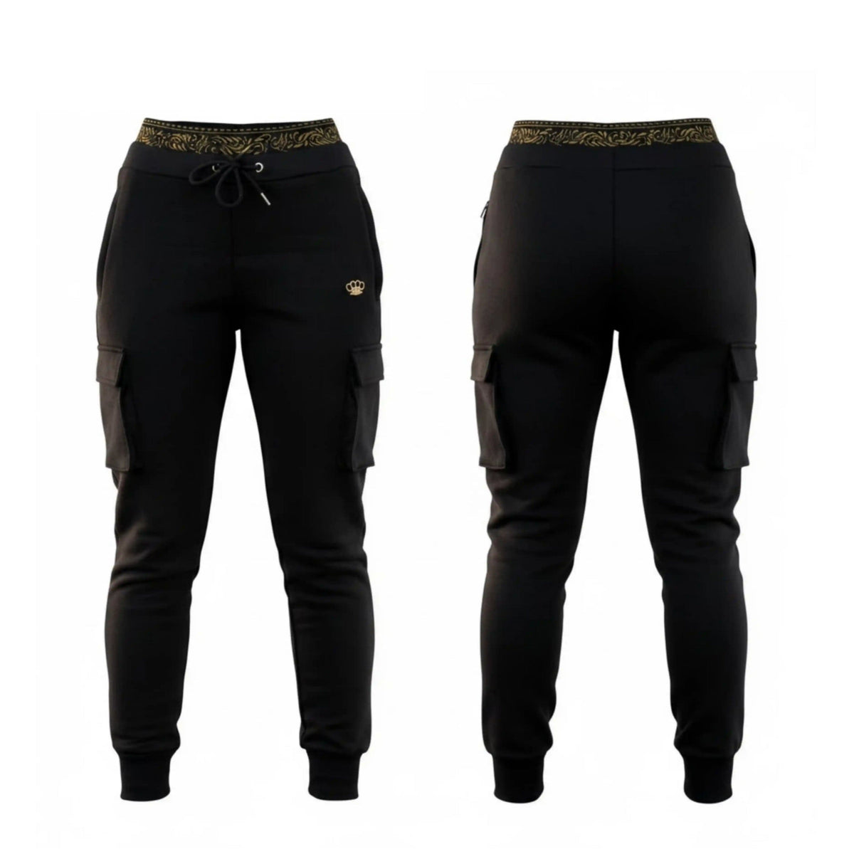 MVL Meander women's joggers in black with cargo pockets, front and back side by side