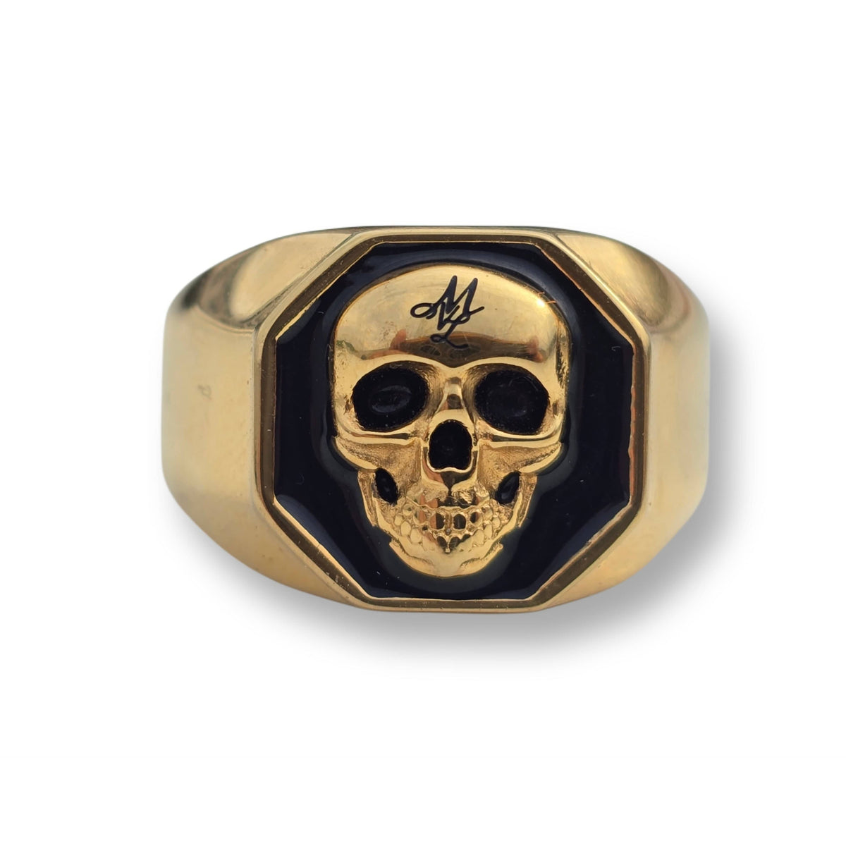 Vista frontal do anel MVL 3D Skull ring dourado com caveira 3D sobre face preta