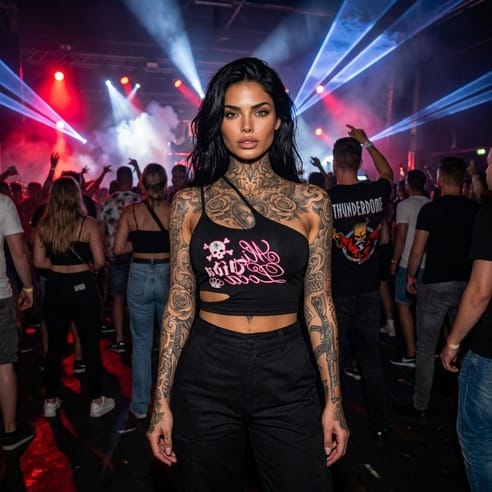Mi Vida Loca Babe Skull one-shoulder top i sort med lyserødt print, båret af model til en fest