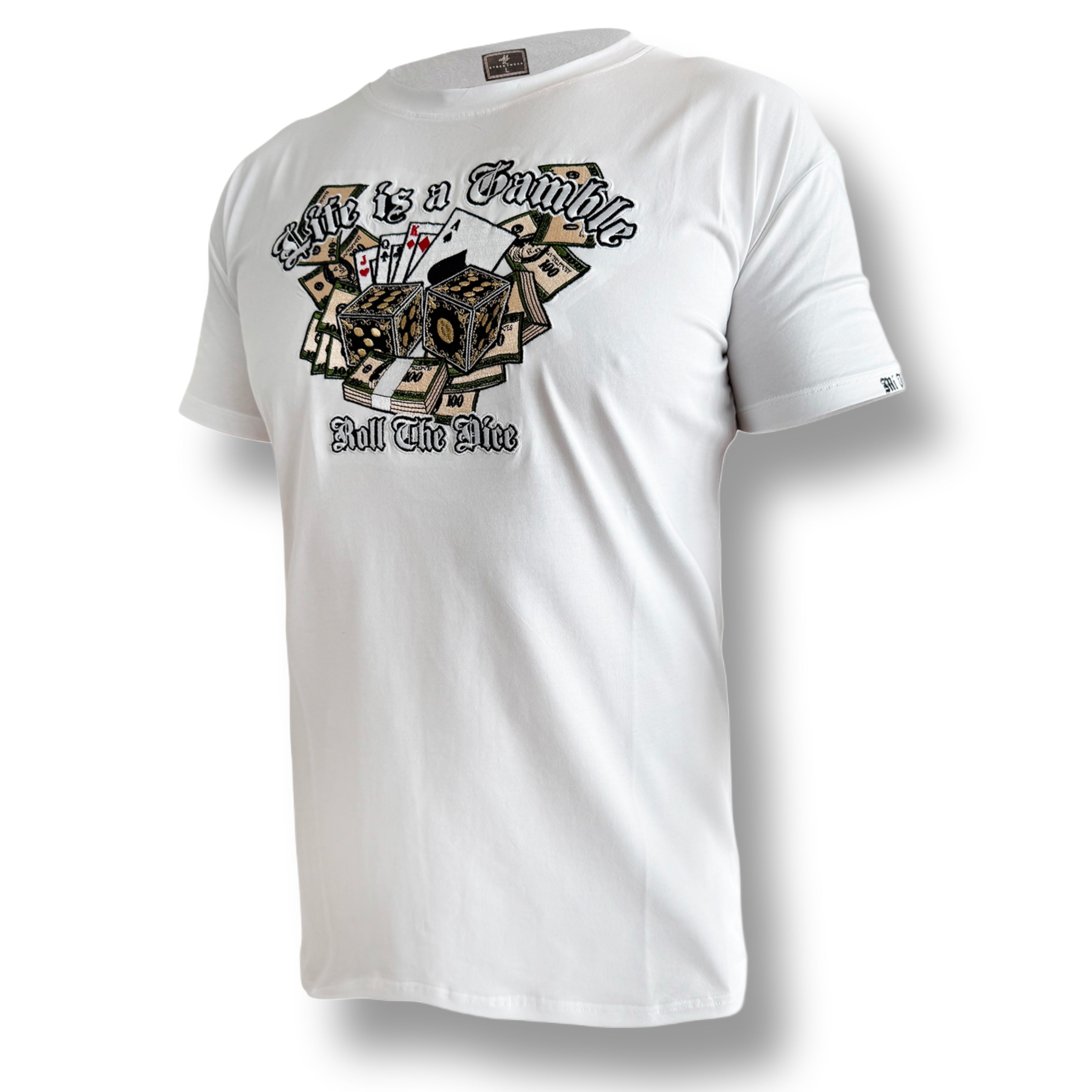 T-shirt MVL Life is a gamble ricamata - bianca