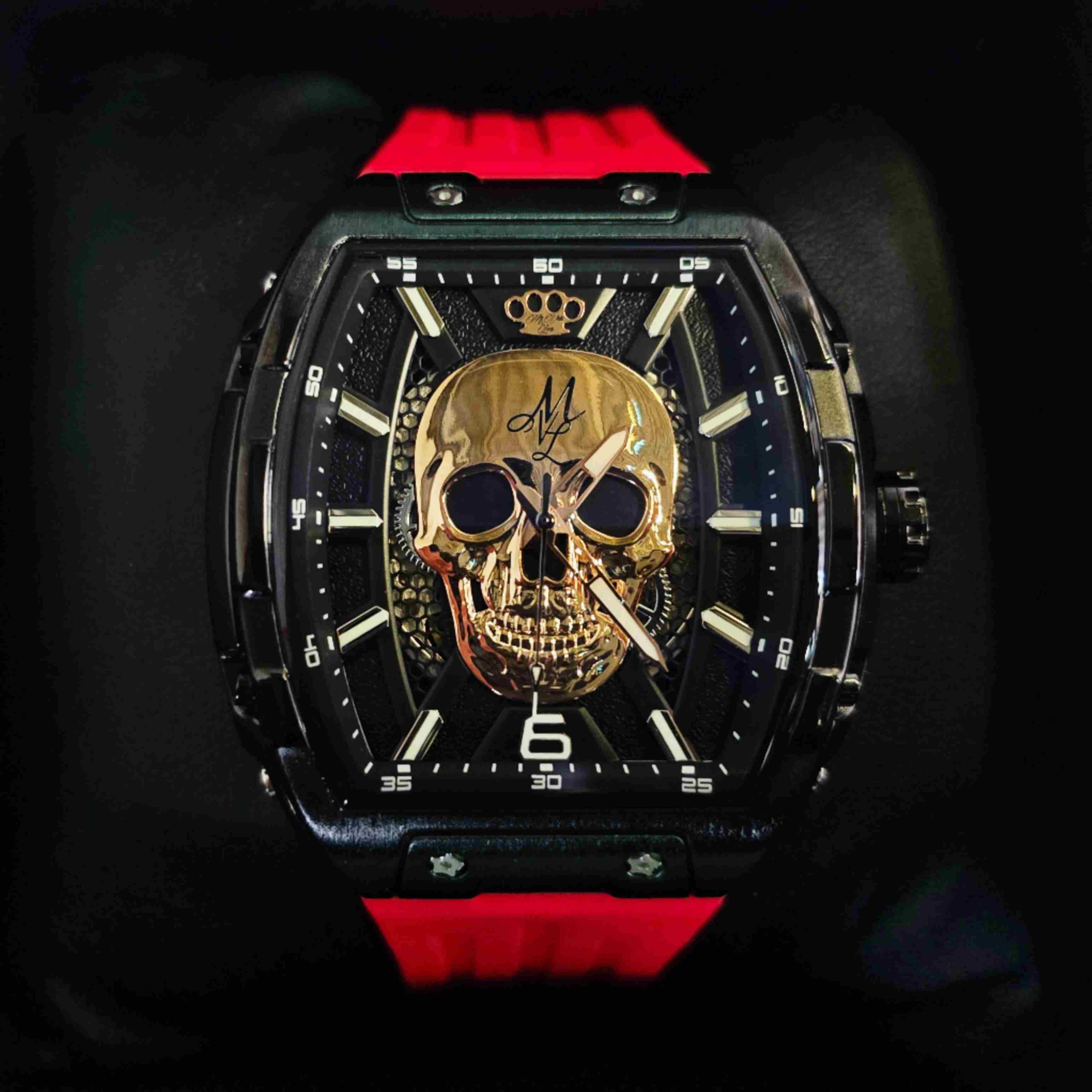 MVL Automatic skull watch silicon band - black/red